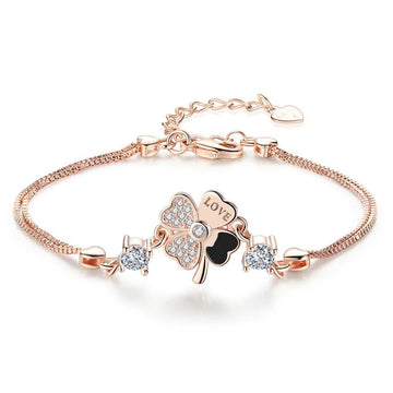 925 Silver CZ Lucky Four Leaf Bracelet Gift for Women Girls