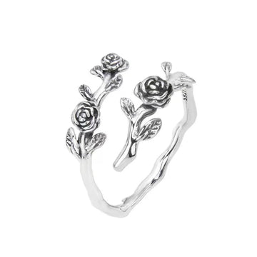 925 Silver Rose Branch Adjustable Ring Women