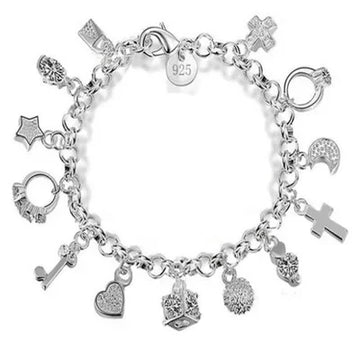 925 Sterling Silver 13Pcs Charm Bracelet & Pendant Gift Jewelry