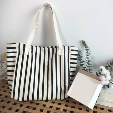 Large Striped Canvas Beach Tote Bag for Women – Summer Bag