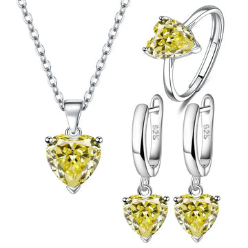 925 Silver Heart Jewelry Set Ring Earrings Necklace