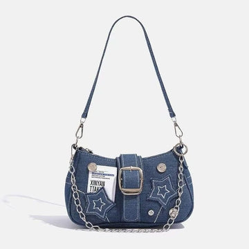 Vintage Canvas Star Print Underarm Bag for Women Girls