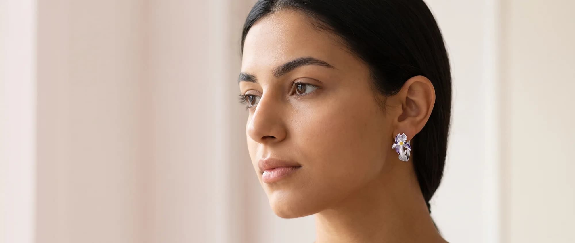 925 Sterling Silver Iris Earrings — Elegant Floral Design with Enamel, worn