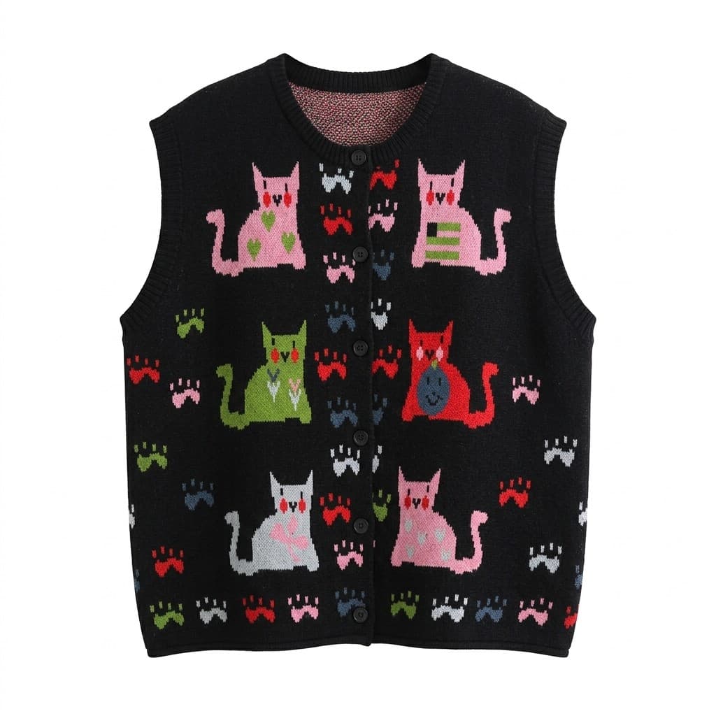 Cat Motif Knit Vest — Sleeveless Button Cardigan Layering Piece — CheeQy Babe