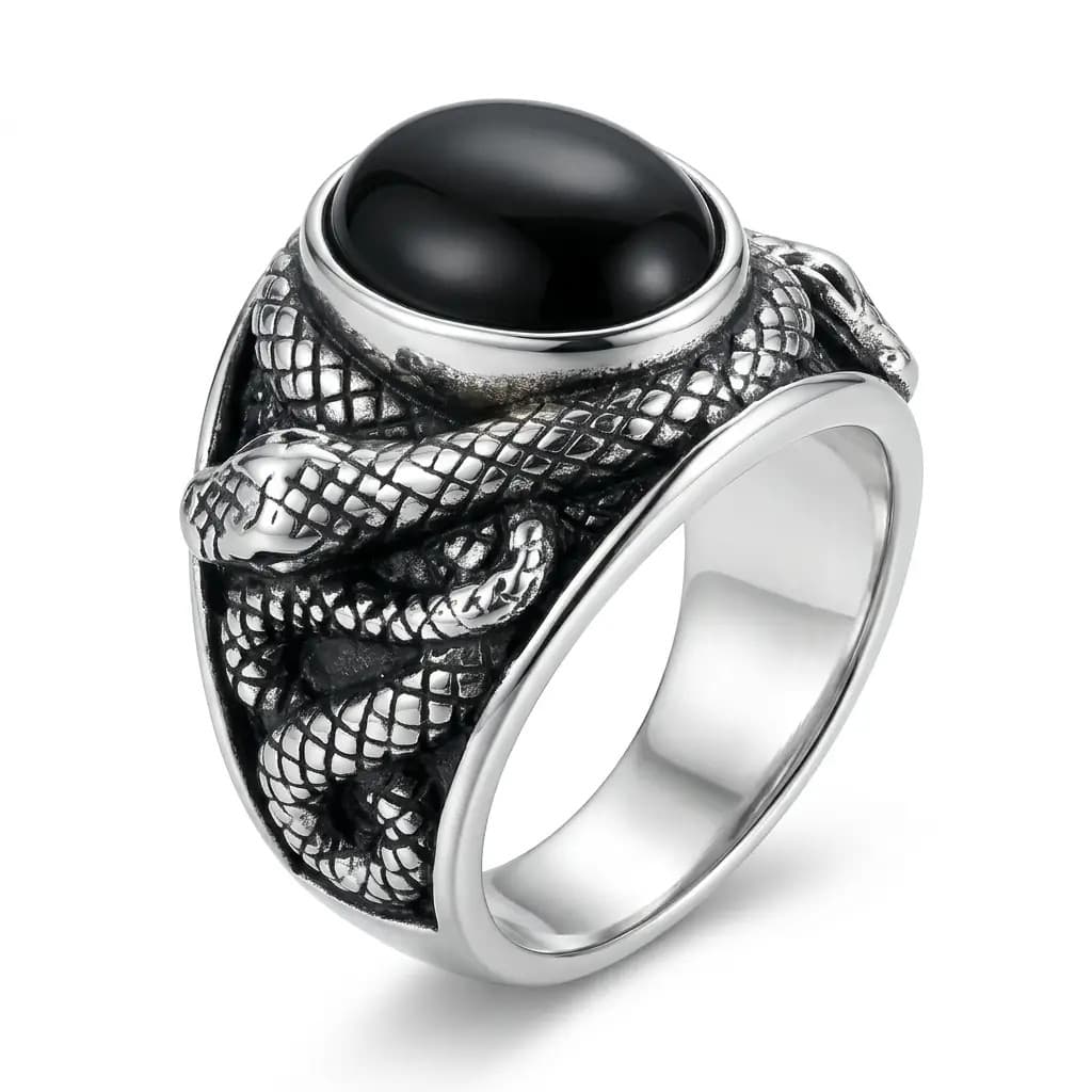 Black Stone Snake Ring — Gothic Statement Jewellery Pick — CheeQy Babe