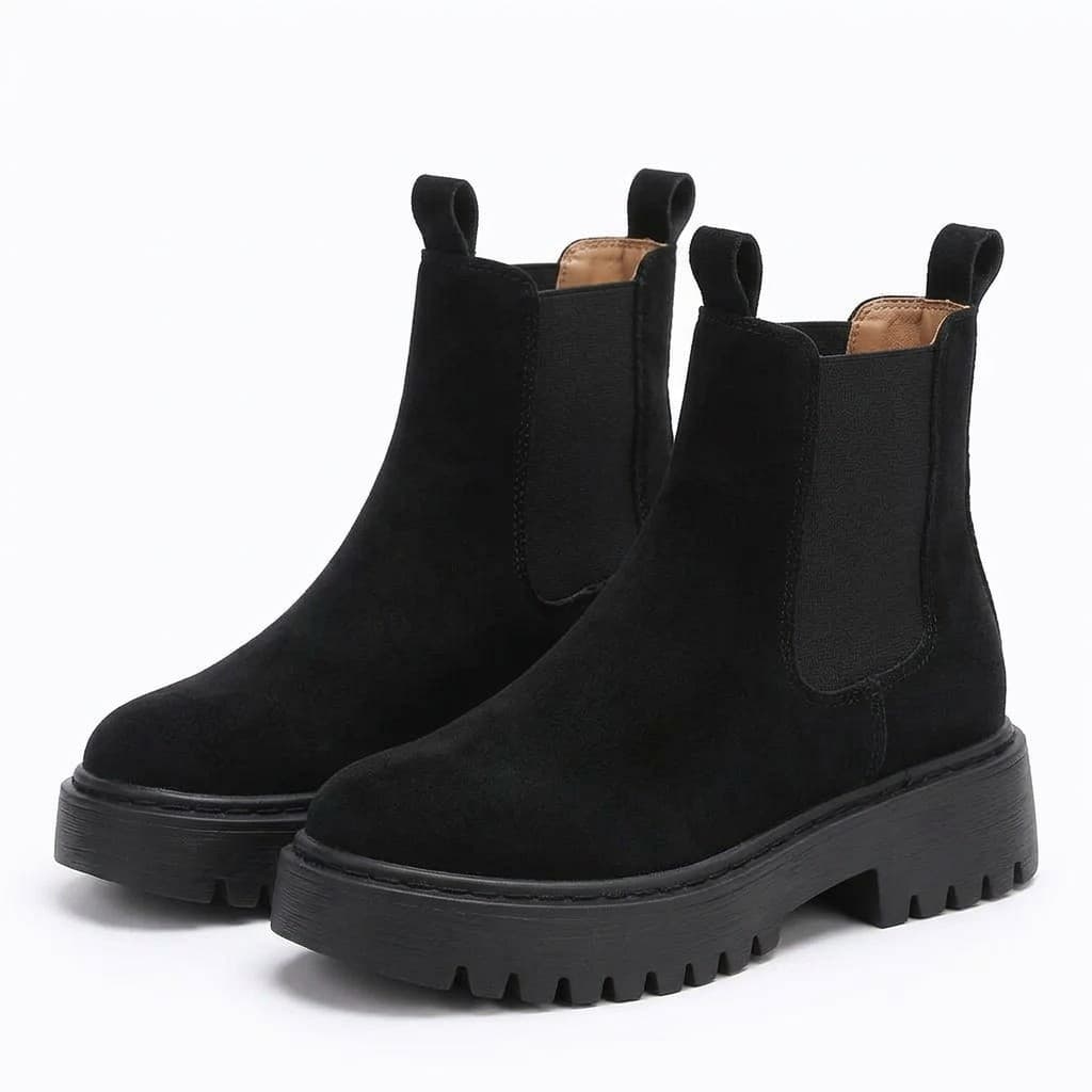 Chunky Platform Chelsea Ankle Boots — Suede-Look Lug Sole Boots in Black — CheeQy Babe