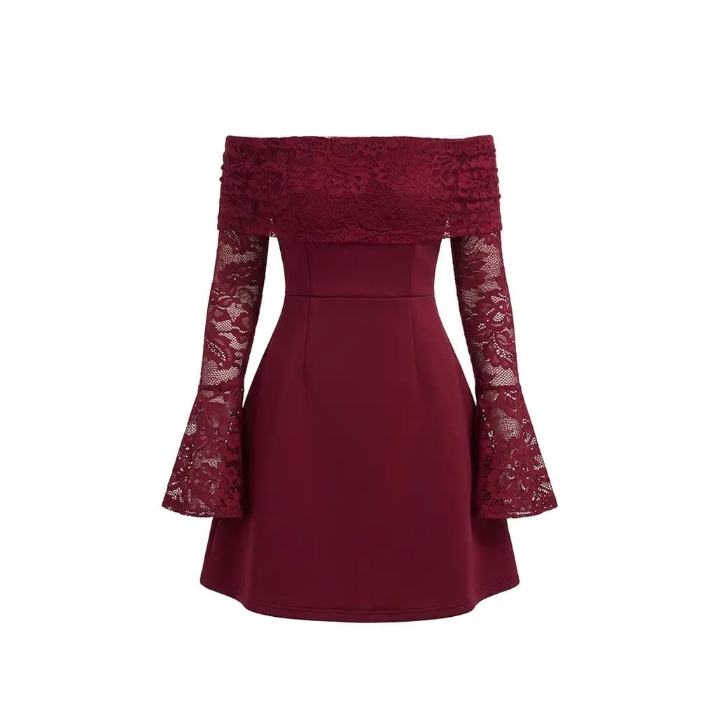 Burgundy Off-Shoulder Lace Mini Dress — Flared Lace Sleeves — CheeQy Babe