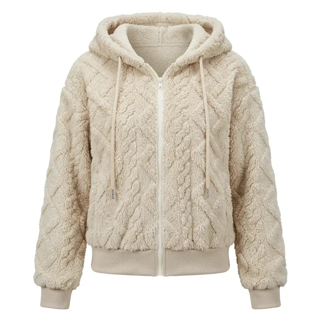 Oversized Sherpa Teddy Fleece Jacket — Zip-Up Hooded Style in Apricot — CheeQy Babe