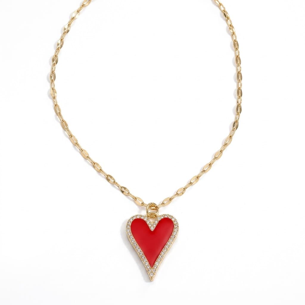 Red Crystal Heart Pendant Necklace — Gold-Tone Enamel Heart in Design G3 — CheeQy Babe