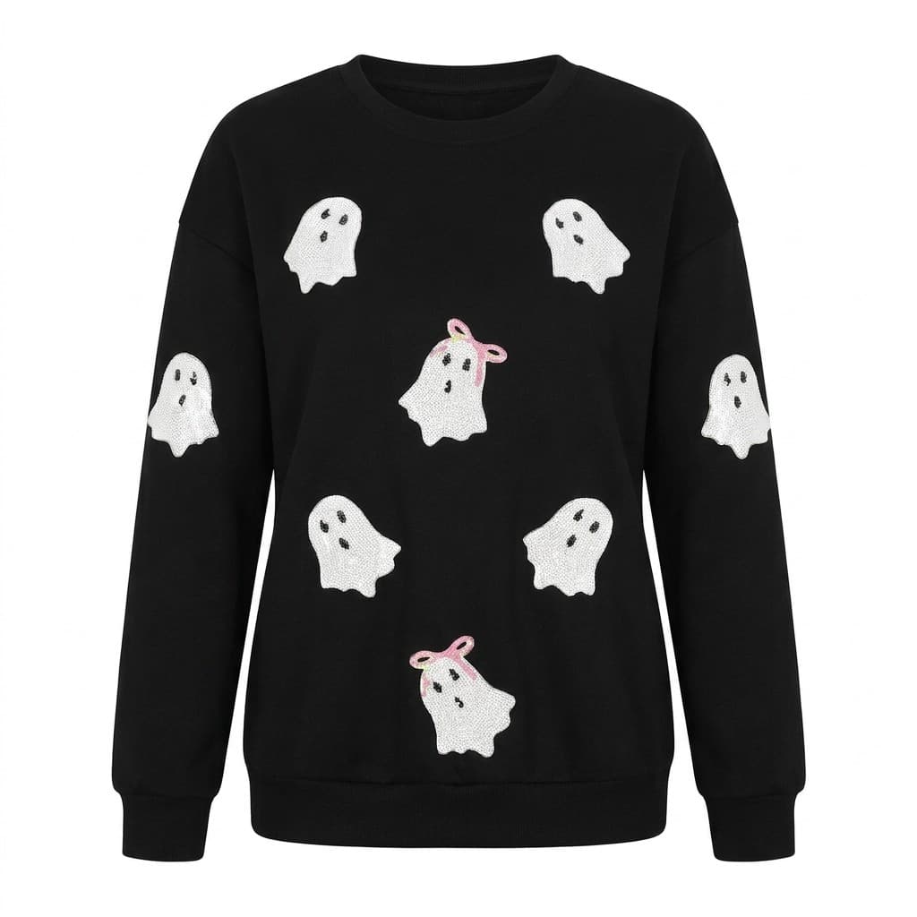 Sequin Ghost Graphic Sweatshirt — Plus Size, Sizes 1XL to 4XL — CheeQy Babe