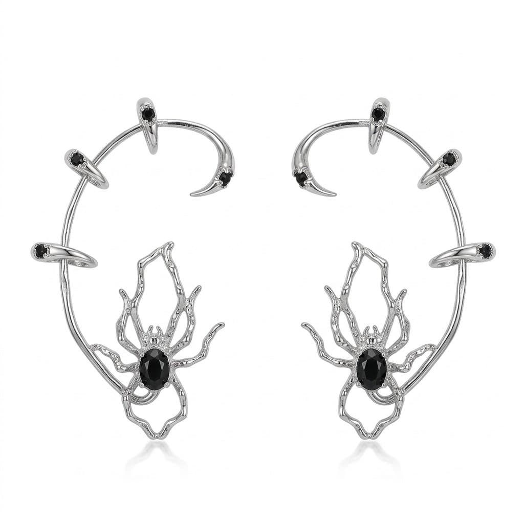Spider Ear Cuff Earrings — Gothic Black-Stone Pair (Left + Right) in Pair (left + right) — CheeQy Babe