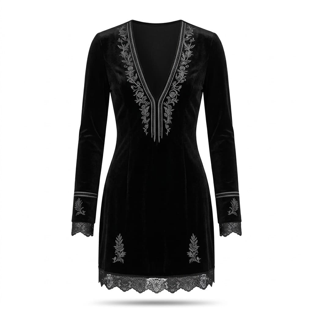 Gothic Velvet Mini Dress — Embroidered Deep V & Lace Trim — CheeQy Babe