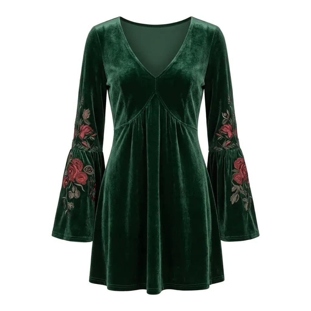 Emerald Velvet Swing Mini Dress — Embroidered Bell Sleeves — CheeQy Babe