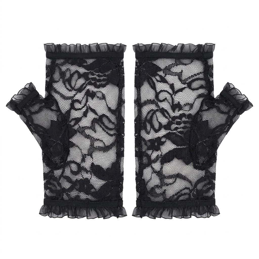 Black Floral Lace Fingerless Gloves — Gothic Halloween Style in Black — CheeQy Babe