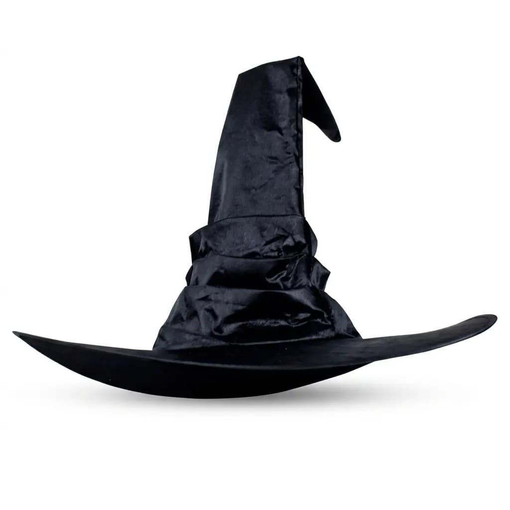Pleated Satin Witch Hat — Wide-Brim Crooked-Tip Halloween Hat in Black — CheeQy Babe