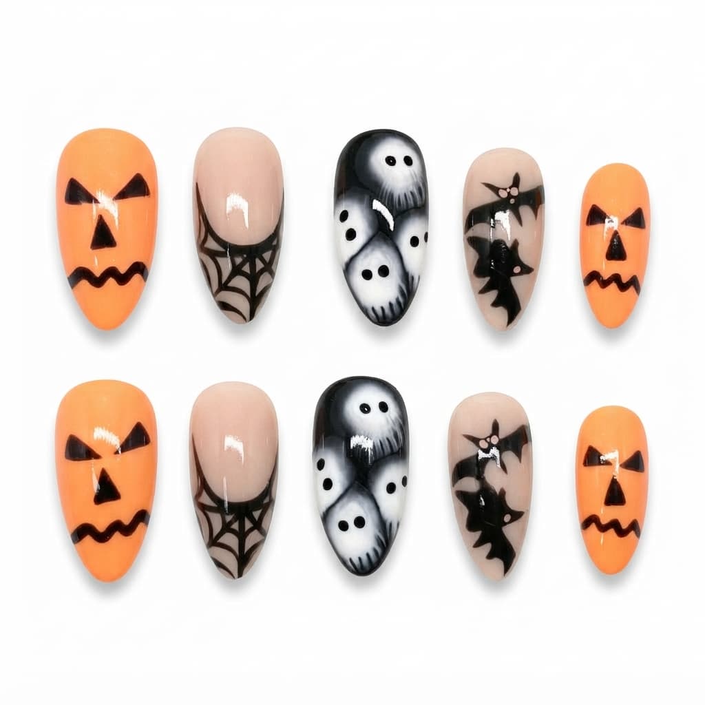Halloween Press-On Nails 2-Set — Almond Ghost & Stiletto Spider French, 48 Nails — CheeQy Babe