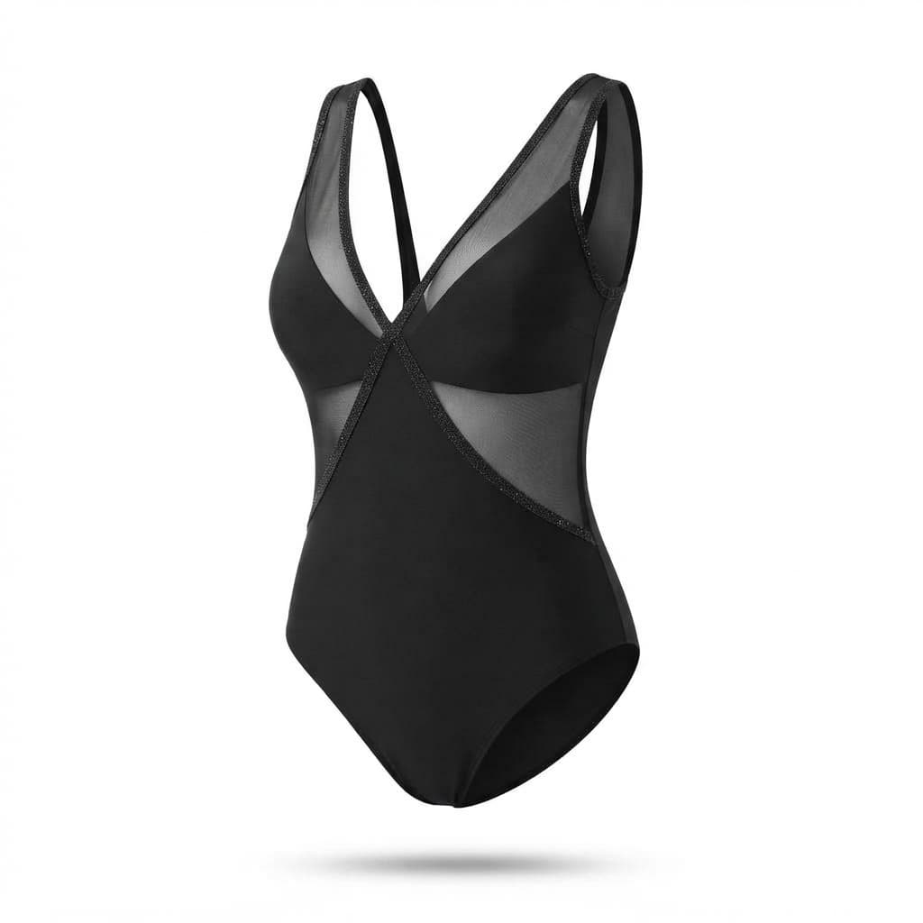 Sheer Mesh Plunge One-Piece Swimsuit — Crossover Trim Swim Style — CheeQy Babe