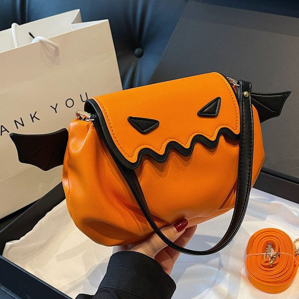 Halloween Pumpkin Crossbody Bag with Small Wings – PU Shoulder Handbag