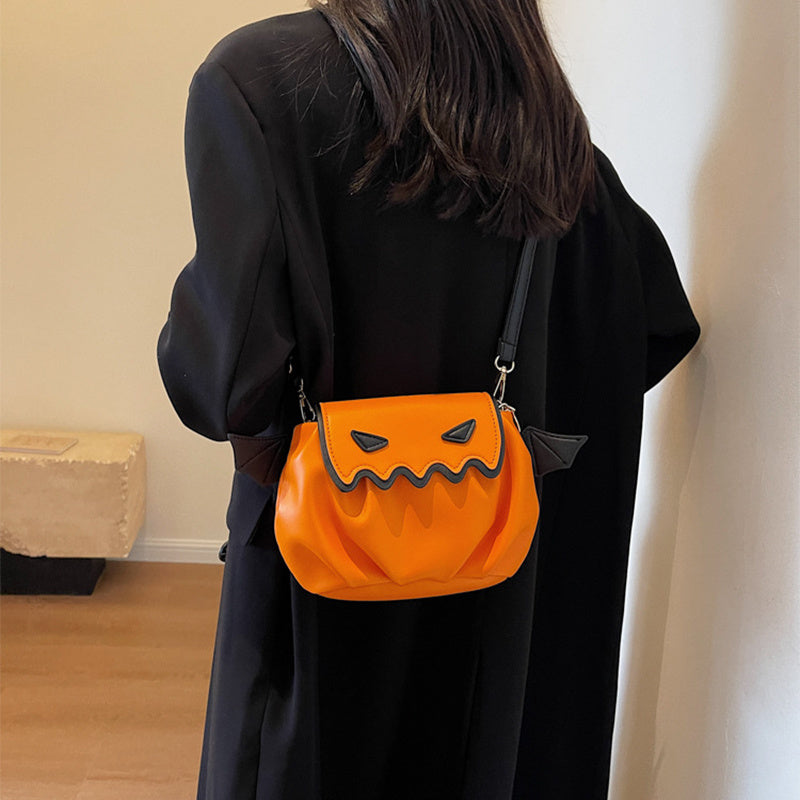 Halloween Pumpkin Crossbody Bag with Small Wings – PU Shoulder Handbag