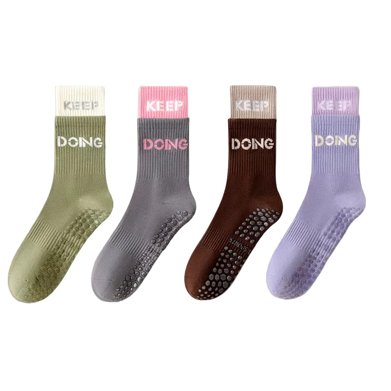 4 Pairs Yoga Socks for Women Simple Solid Color Cotton Pilates Socks Mid Calf Silicone Non-Slip Fitness Gym Indoor Floor Socks