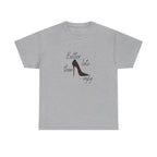 Women’s White Tee — "Better Late Than Ugly" Stiletto Graphic
