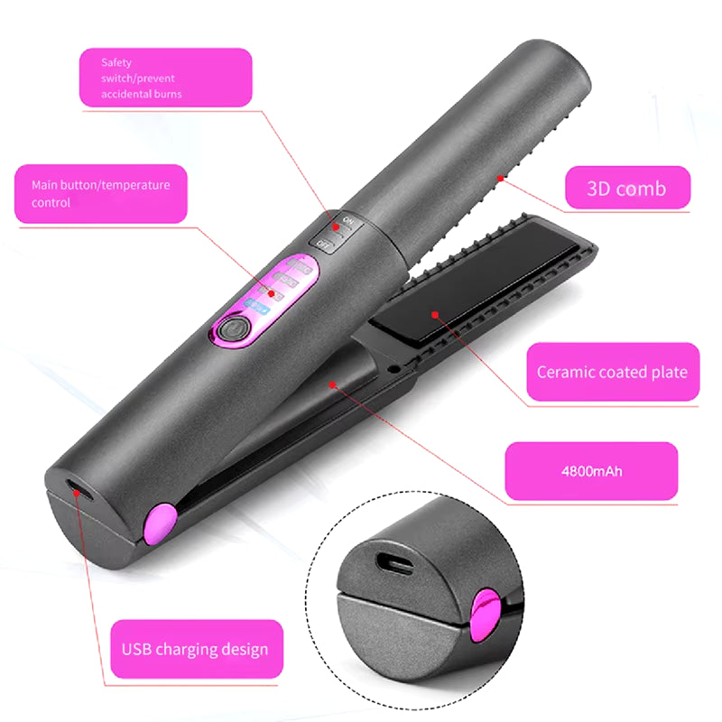 Portable 2-in-1 Cordless Hair Straightener & Flat Iron