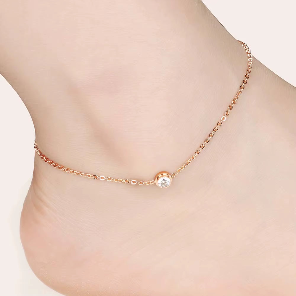 Cubic Zirconia Anklet Foot Jewelry Rose Gold Color Anklet Bracelet Leg Chain Stainless Steel Anklets Women Jewelry A19034