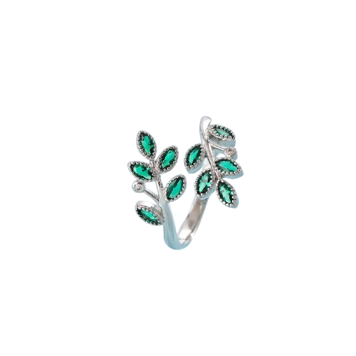Green Crystal Sterling Silver Adjustable Leaf Ring