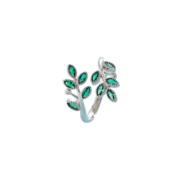 Green Crystal Sterling Silver Adjustable Leaf Ring