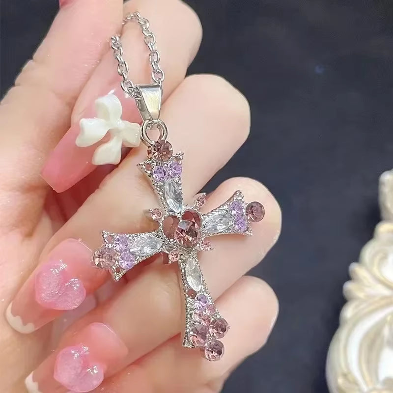 Zircon Cross Necklace Heart Pendant for Women