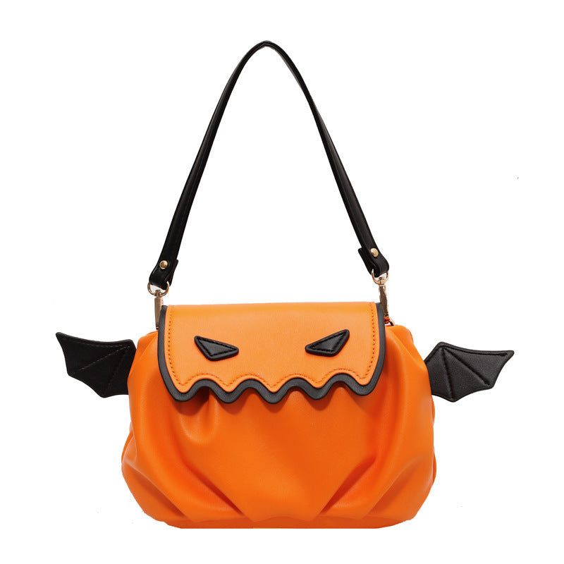 Halloween Pumpkin Crossbody Bag with Small Wings – PU Shoulder Handbag