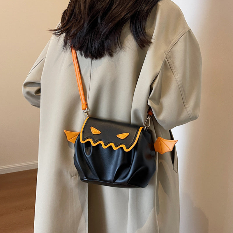 Halloween Pumpkin Crossbody Bag with Small Wings – PU Shoulder Handbag