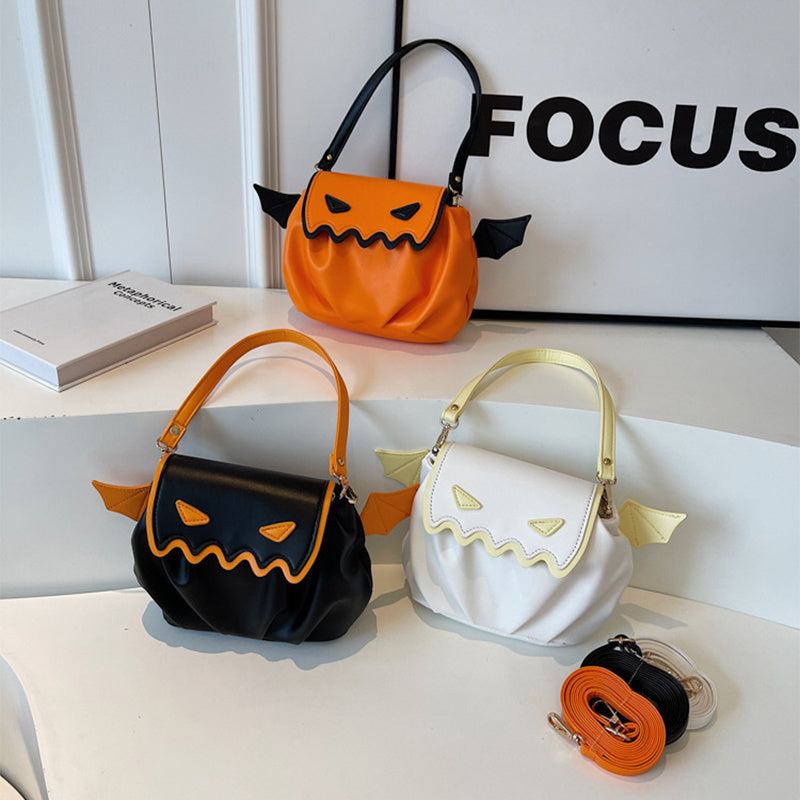 Halloween Pumpkin Crossbody Bag with Small Wings – PU Shoulder Handbag