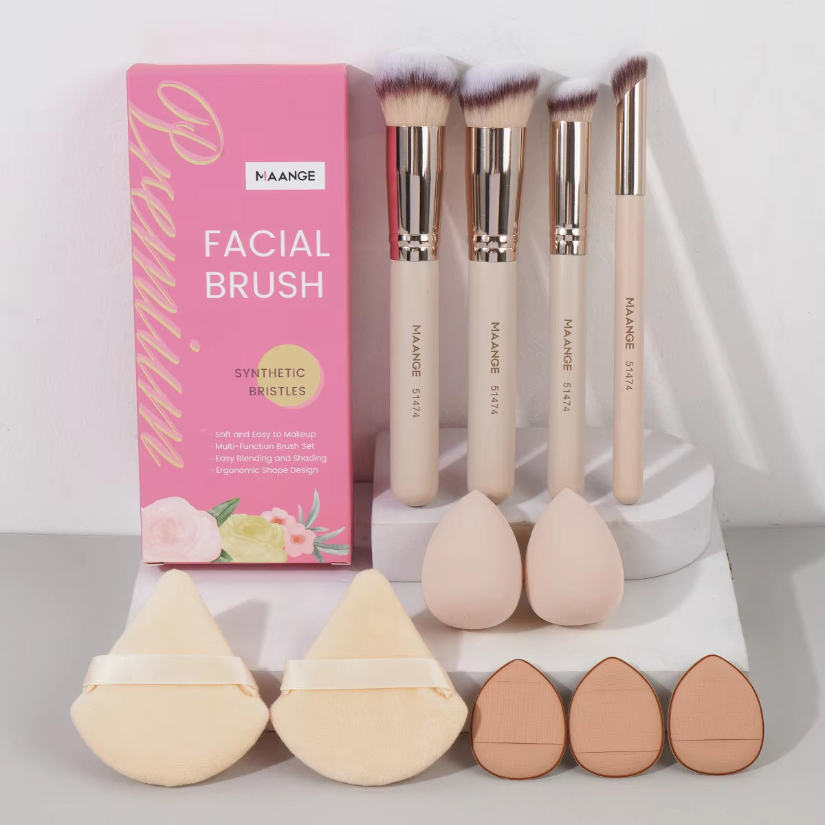  11PCS Makeup Kit: 4 Brushes, Powder Puff, Sponge, Air Cushion