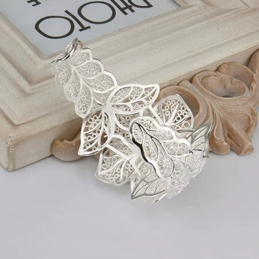 925 Sterling Silver Retro Floral Bangle for Women, Adjustable Charm