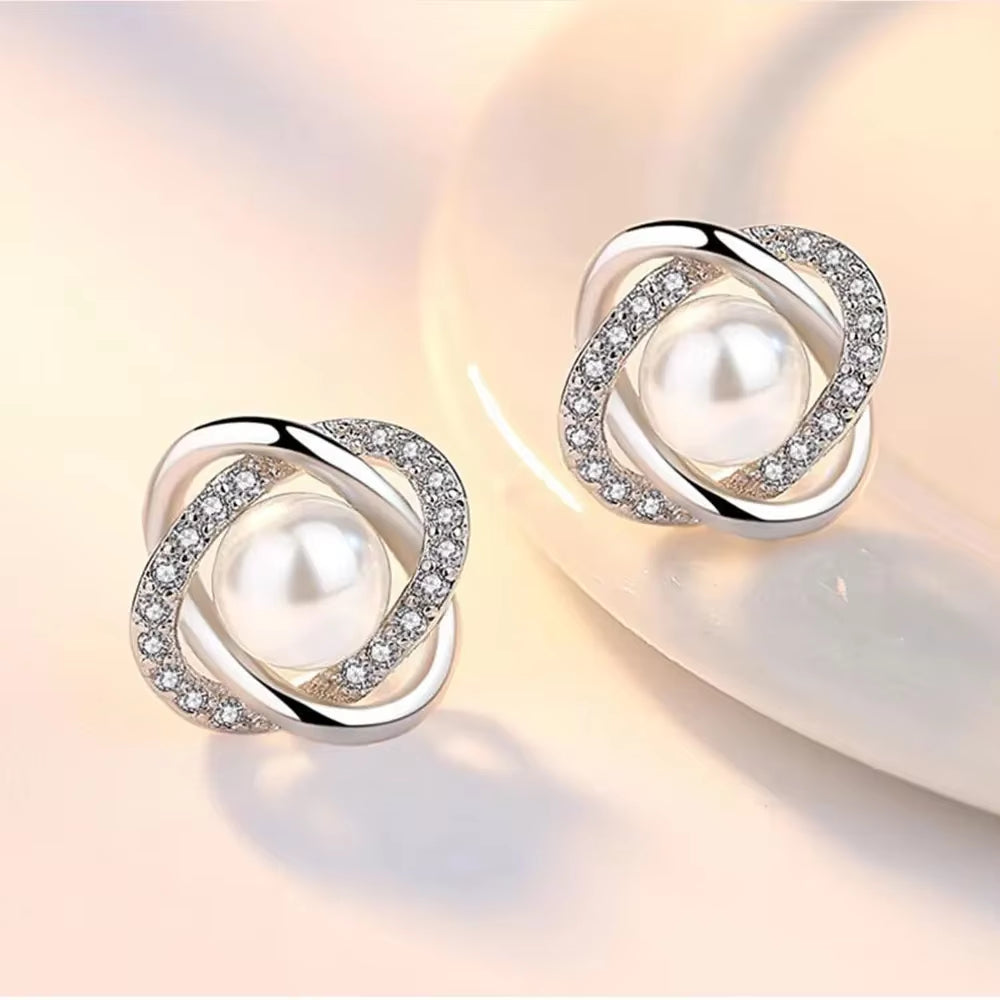 Luxury 925 Silver Zircon Pearl Twist Stud Earrings for Women
