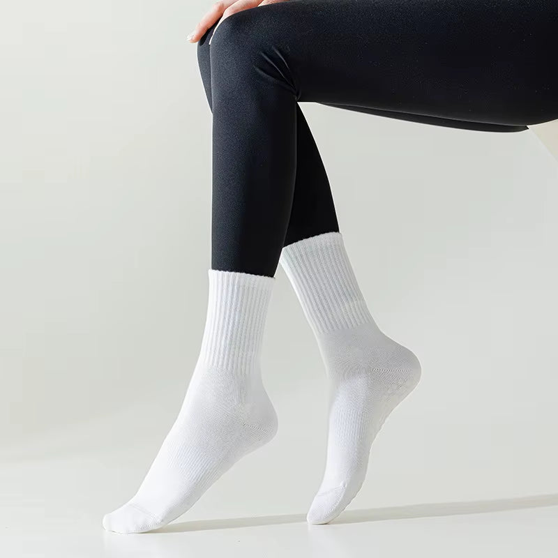 4 Pairs Yoga Socks for Women Simple Solid Color Cotton Pilates Socks Mid Calf Silicone Non-Slip Fitness Gym Indoor Floor Socks