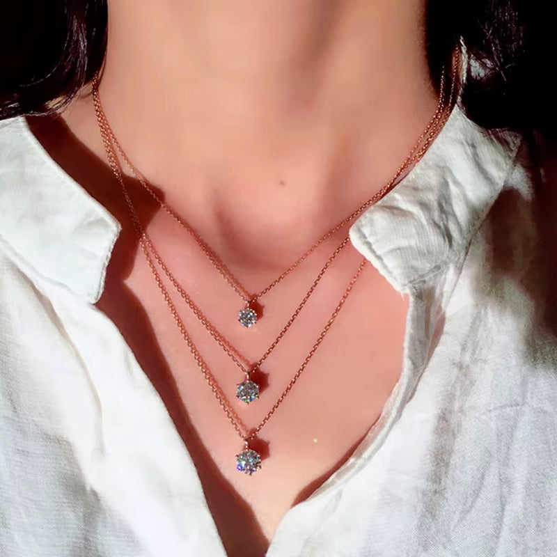 Simple Classic Six Prong Solitaire Pendant Necklaces Women Silver Color/Rose Gold Color Shiny CZ Anniversary Gift Jewelry