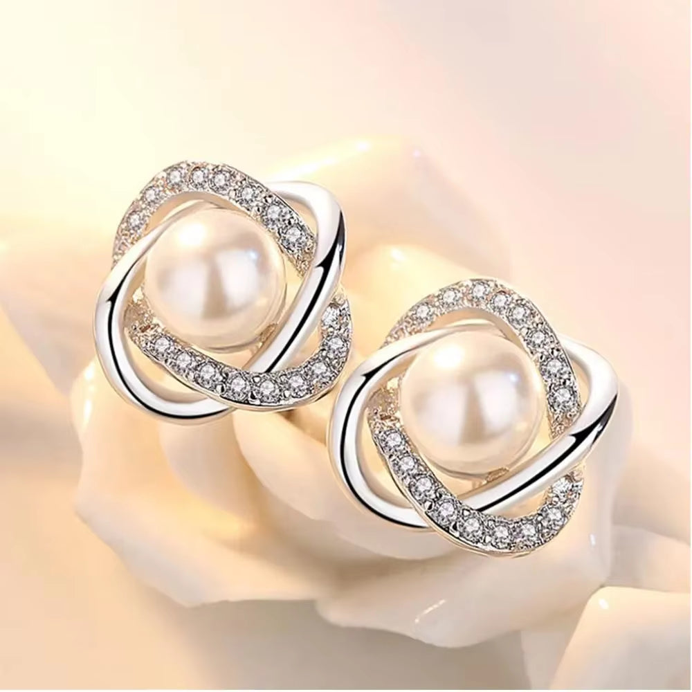 Luxury 925 Silver Zircon Pearl Twist Stud Earrings for Women