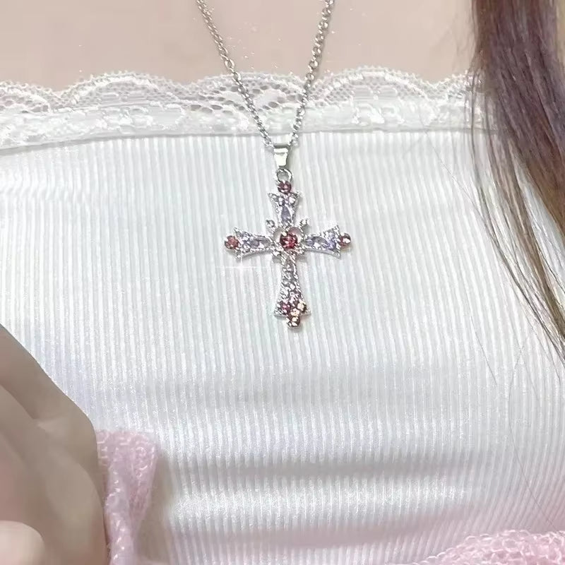 Zircon Cross Necklace Heart Pendant for Women