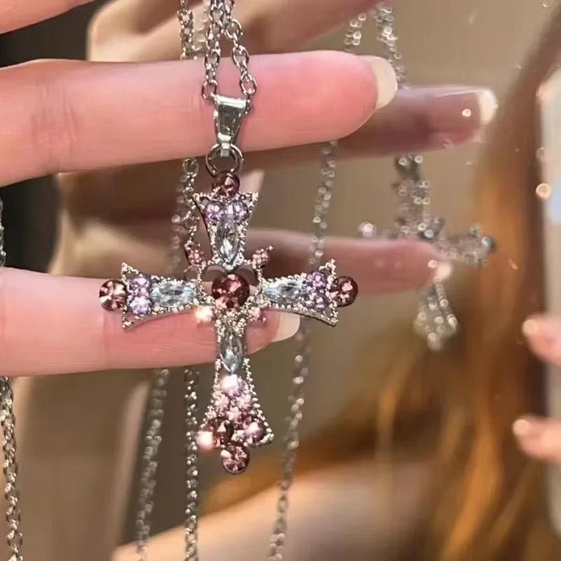 Zircon Cross Necklace Heart Pendant for Women