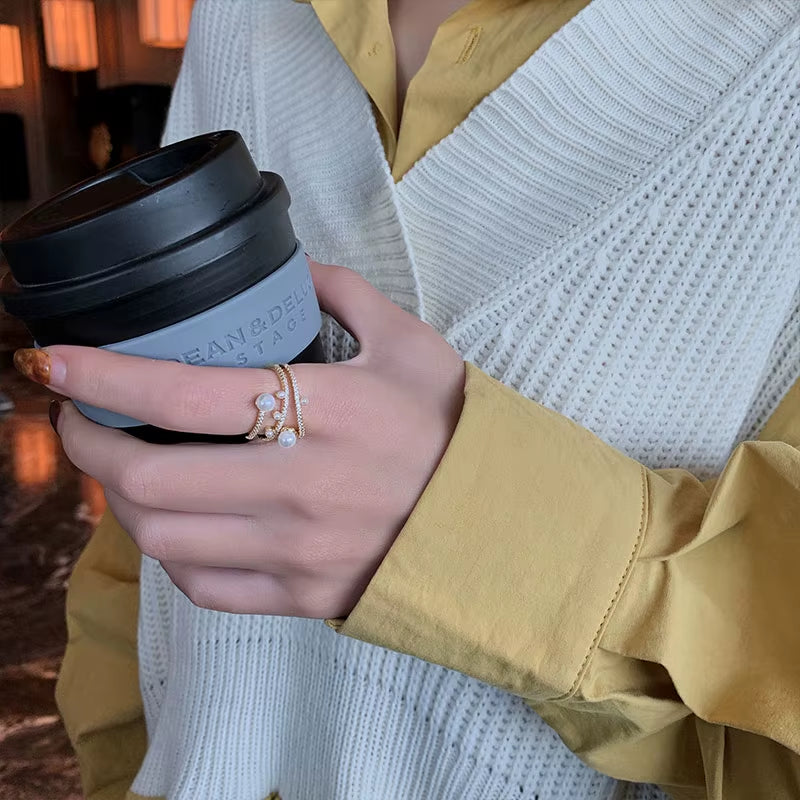 Luxurious and Exquisite Three-Layer Pearl Gold Color Adjustable Ring for Woman Jewelry Korean Fashion Girls Unusual Accessories
