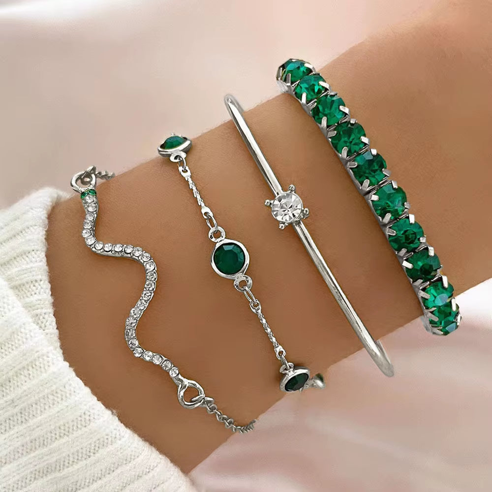 Emerald Crystal Bracelet Set – Geometric Stack (4PCS)