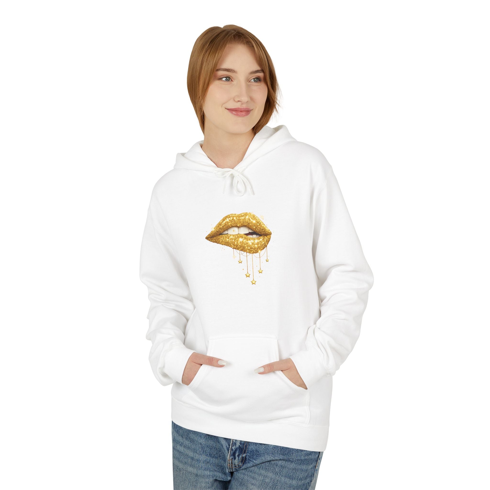 Gold Drip Lips Hoodie — Metallic Lip Art Pullover