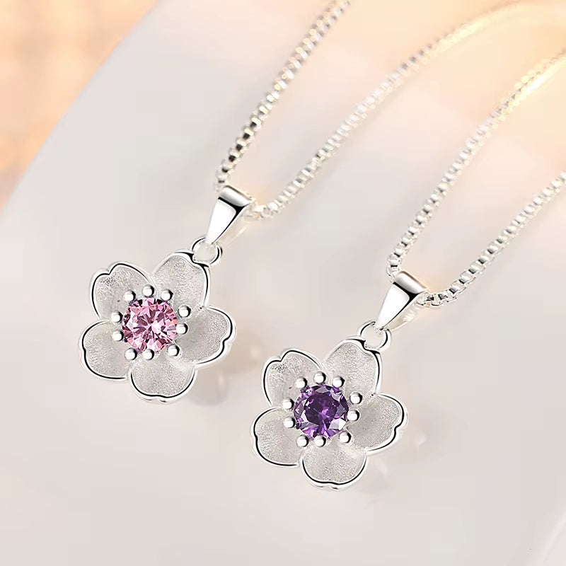 925 Sterling Silver Pink Purple Peach Blossom Necklaces for Women Luxury Designer Jewelry Accessories Wholesale Jewellery