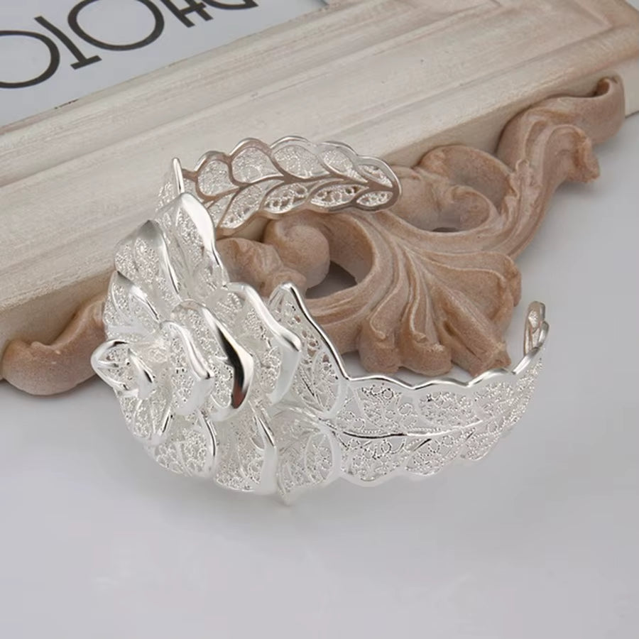 925 Sterling Silver Retro Floral Bangle for Women, Adjustable Charm