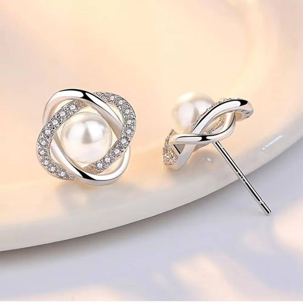 Luxury 925 Silver Zircon Pearl Twist Stud Earrings for Women