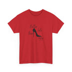Women’s White Tee — "Better Late Than Ugly" Stiletto Graphic