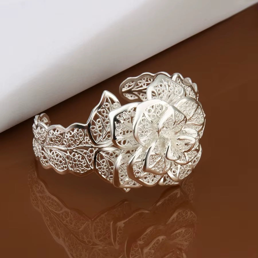 925 Sterling Silver Retro Floral Bangle for Women, Adjustable Charm
