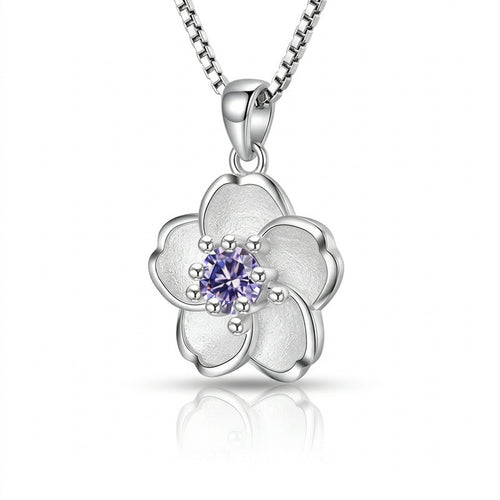 925 Sterling Silver Peach Blossom Necklace – Elegant Floral Crystals Accent